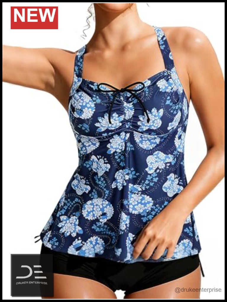 Plus Size Tankini Set With Boy Shorts - Tie Back Swimsuit - Full Coverage
